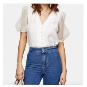 Topshop Cream Organza Sleeve Button Blouse